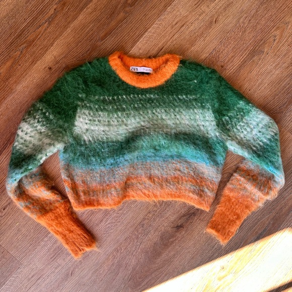Zara Sweaters - Zara orange and green wool blend cropped knit sweater, size small
